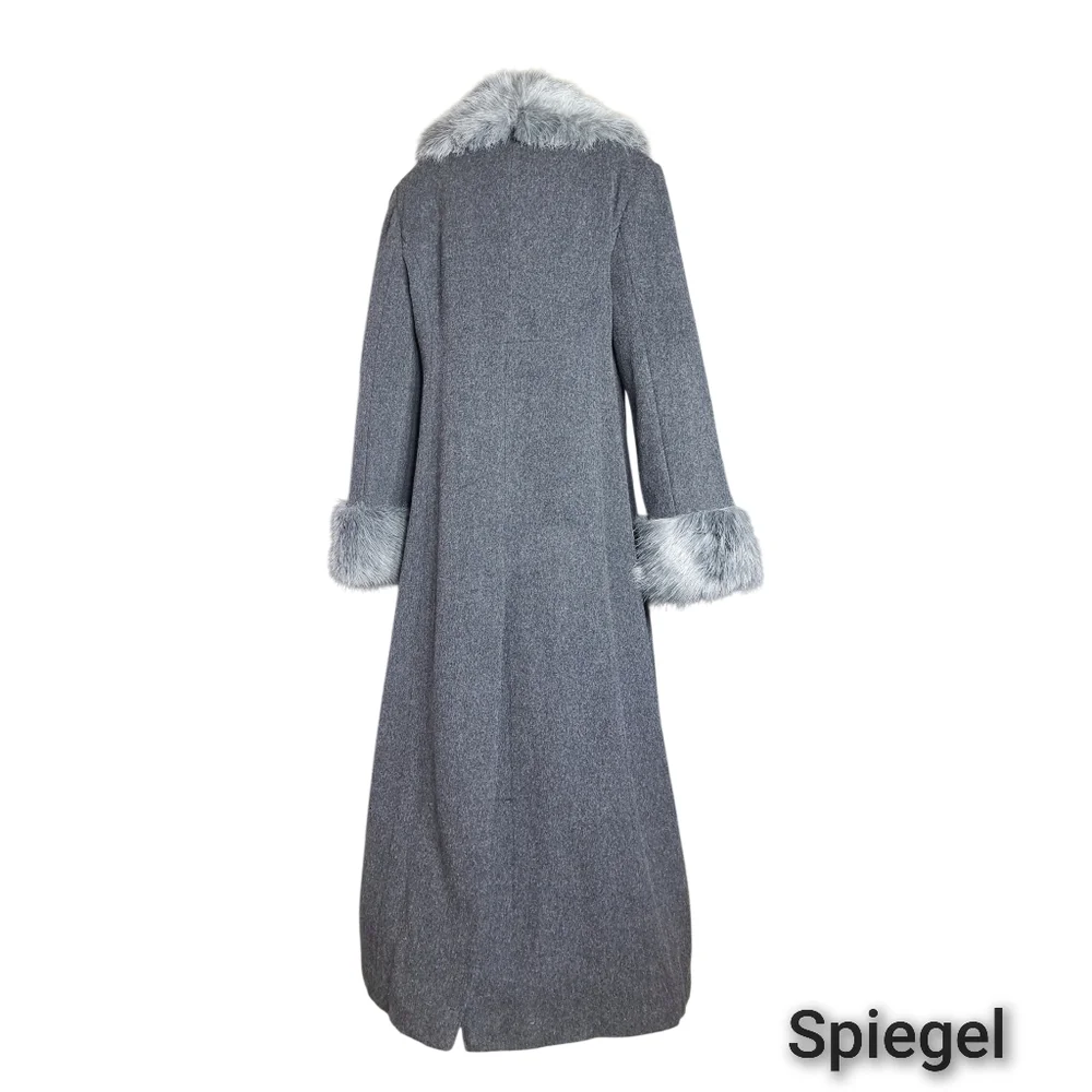 Blushe by Spiegel Grey Long Wool Coat Faux Fur Collar Cuffs Size 12 USA